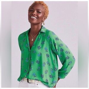 CAbi Go To Blouse green & blue floral button down 3/4 sleeve Size L
